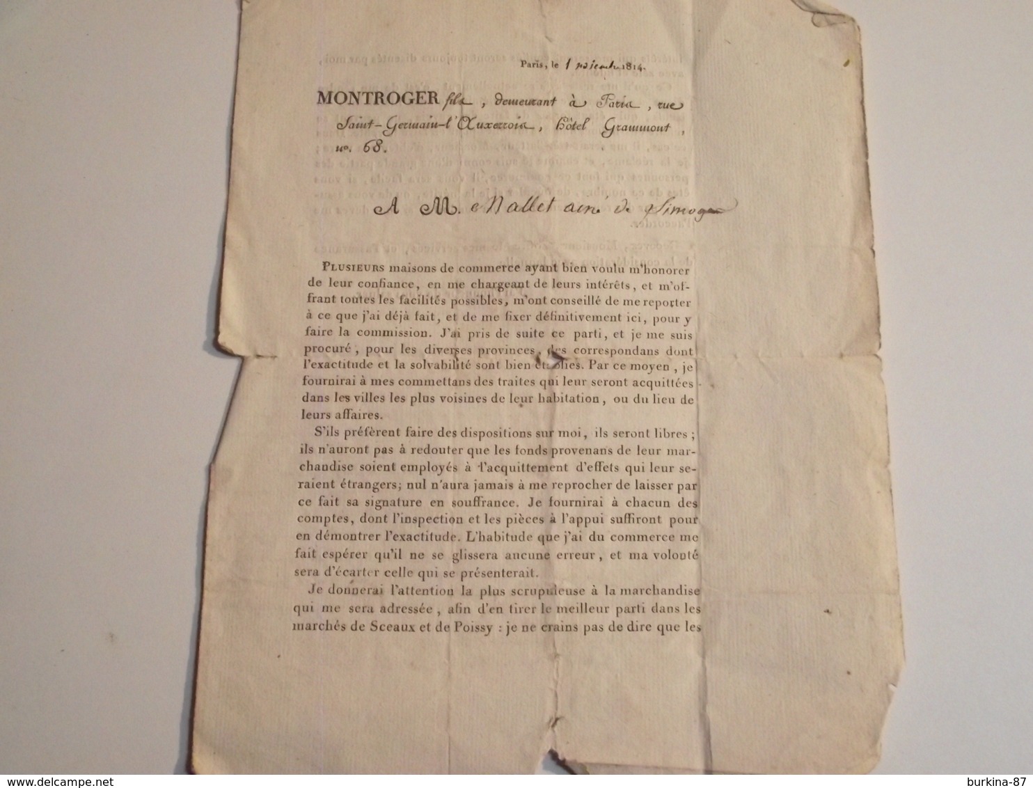 Courrier Publicitaire, 1814, Lettre De Sollicitation Vente Animaux Divers - Publicités