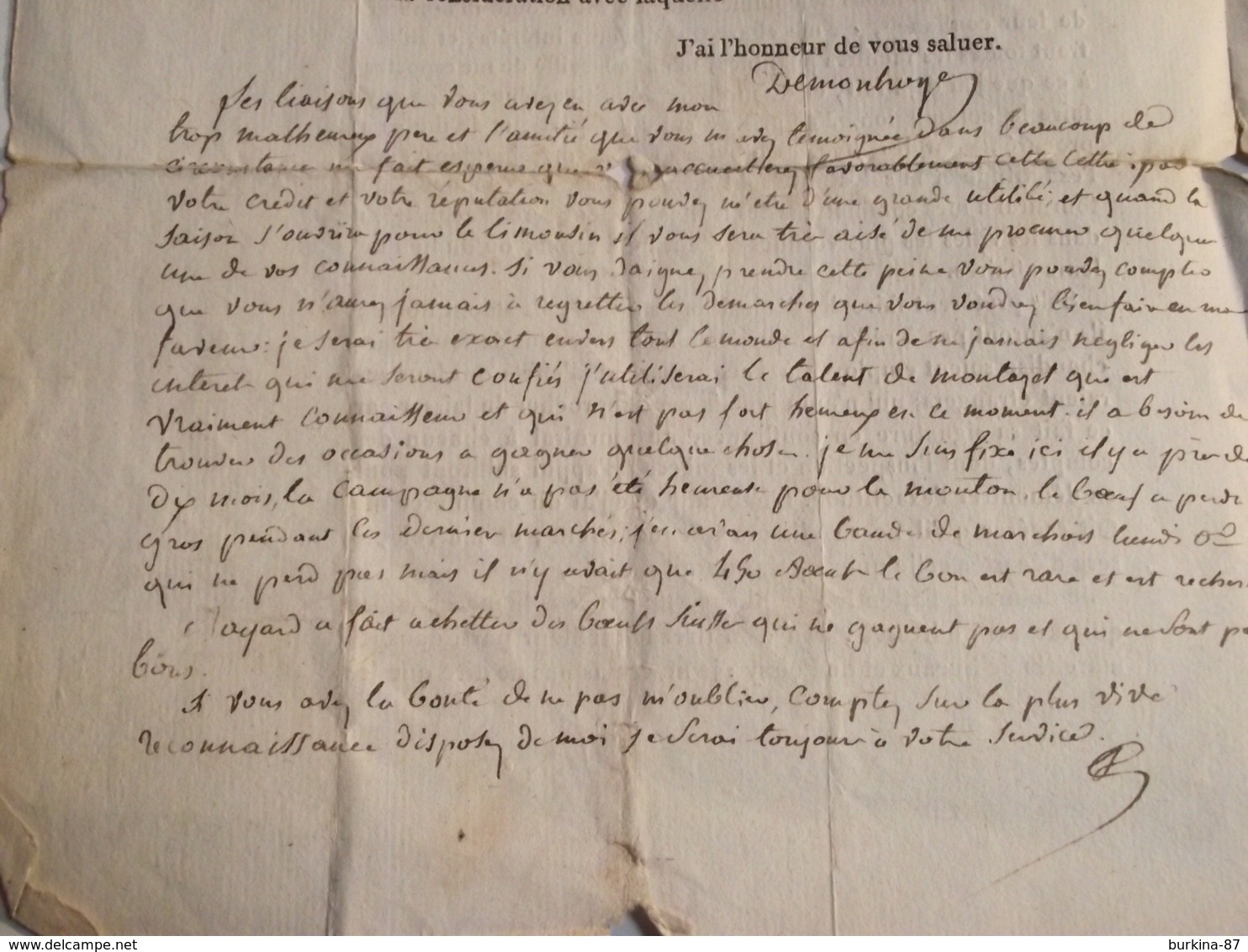 Courrier Publicitaire, 1814, lettre de sollicitation vente animaux divers