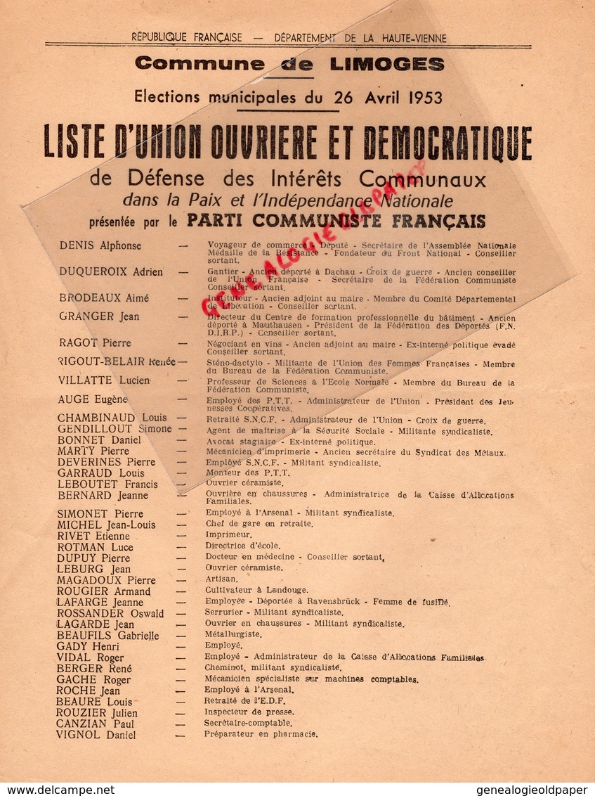 87 - LIMOGES- LISTE UNION OUVRIERE DEMOCRATIQUE-ELECTIONS MUNICIPALES 1953- PARTI COMMUNISTE-DENIS ALPHONSE-RAGOT PIERRE - Documents Historiques