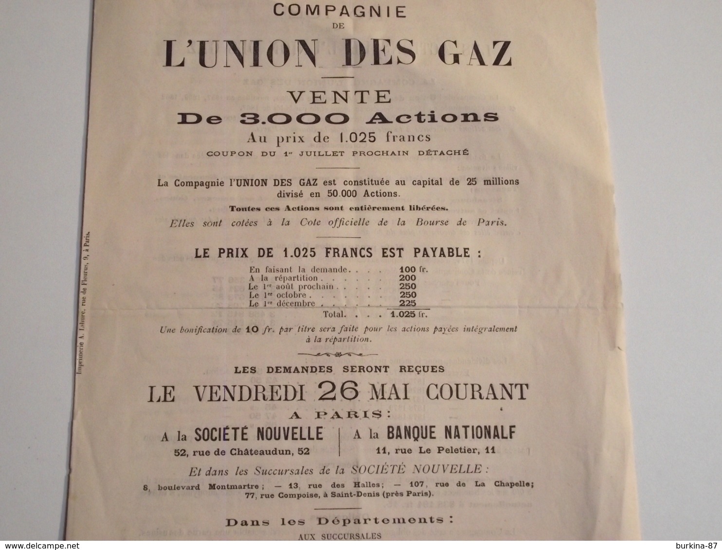 Courriers, Vente actions COMPAGNIE de L'Union des Gaz, 1882