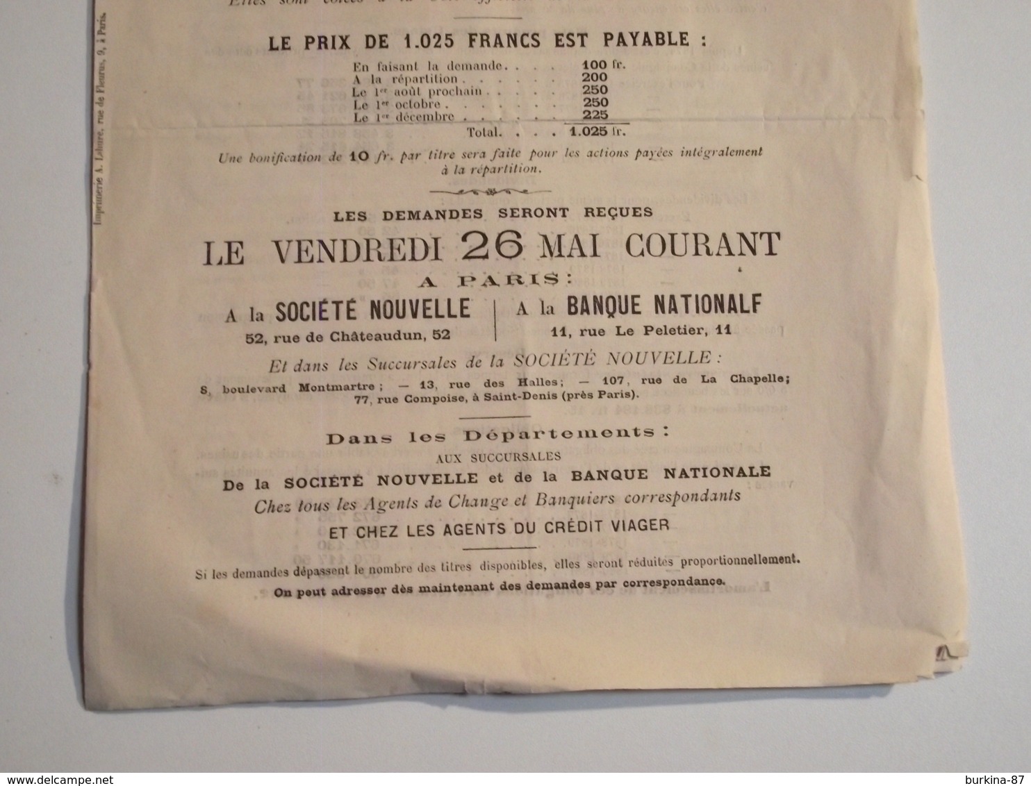 Courriers, Vente actions COMPAGNIE de L'Union des Gaz, 1882