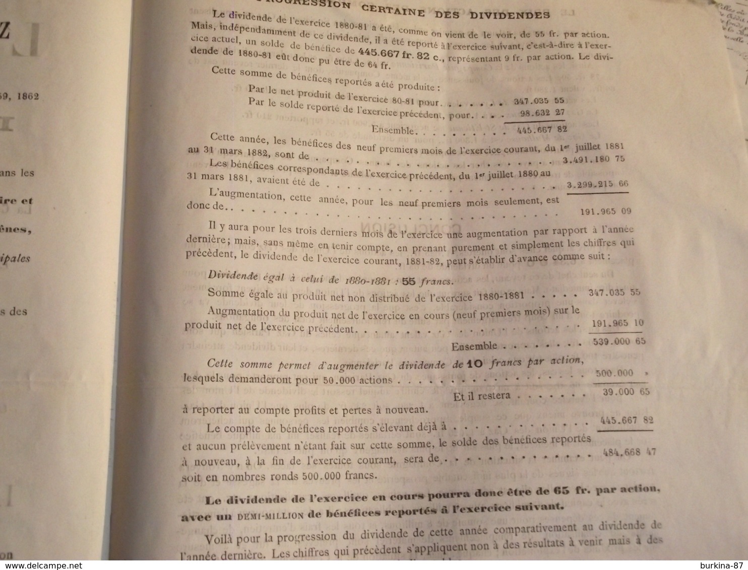 Courriers, Vente actions COMPAGNIE de L'Union des Gaz, 1882