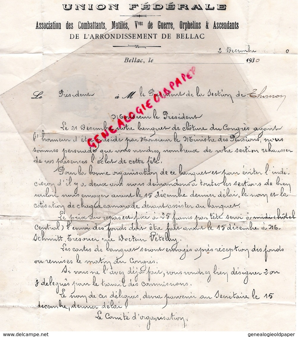 87 - THOURON- RARE LETTRE UNION FEDERALE ASSOCIATION COMBATTANTS VEUVES DE GUERRE ARRONDISSEMENT BELLAC- 1930 - Sonstige & Ohne Zuordnung