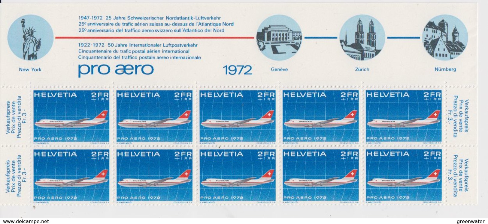 Switzerland 1972 Pro Aero 1v 10x (part Of Sheetlet)  ** Mnh (42187) - Ongebruikt