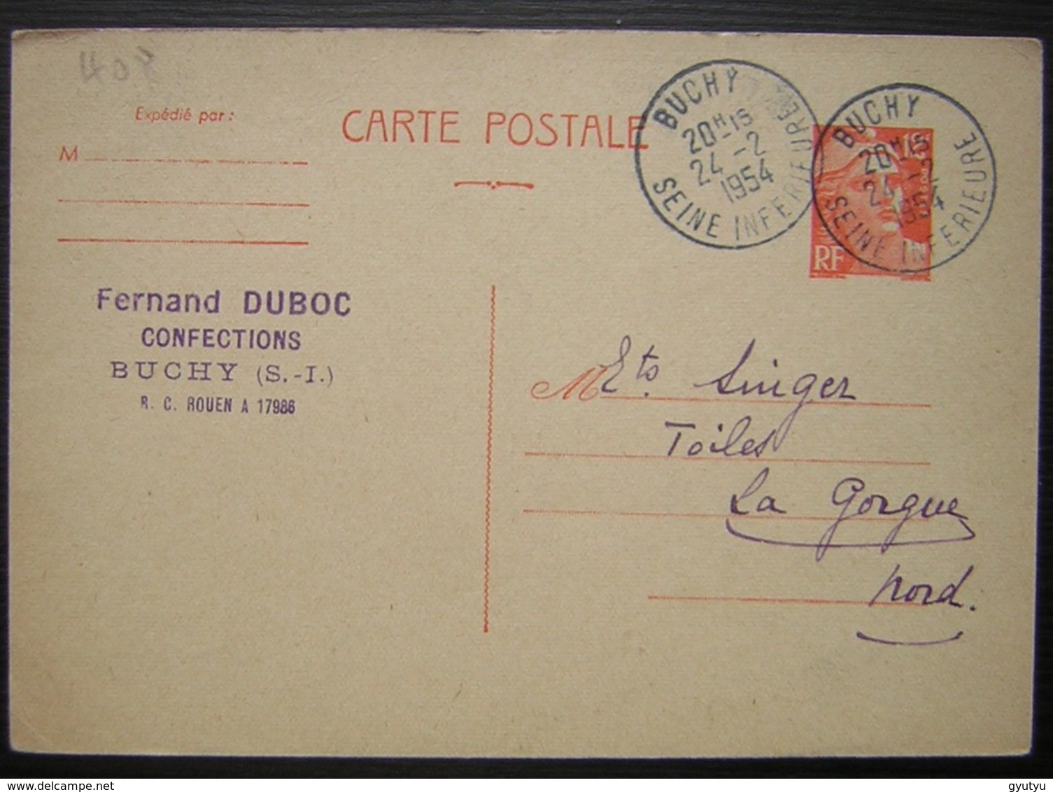 Buchy 1954 Seine Inférieure, Fernand Duboc Confections Carte Entier Postal Pour Singer Frères - 1921-1960: Période Moderne