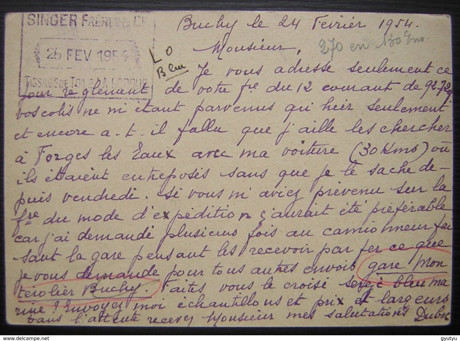 Buchy 1954 Seine Inférieure, Fernand Duboc Confections Carte Entier Postal Pour Singer Frères - 1921-1960: Période Moderne