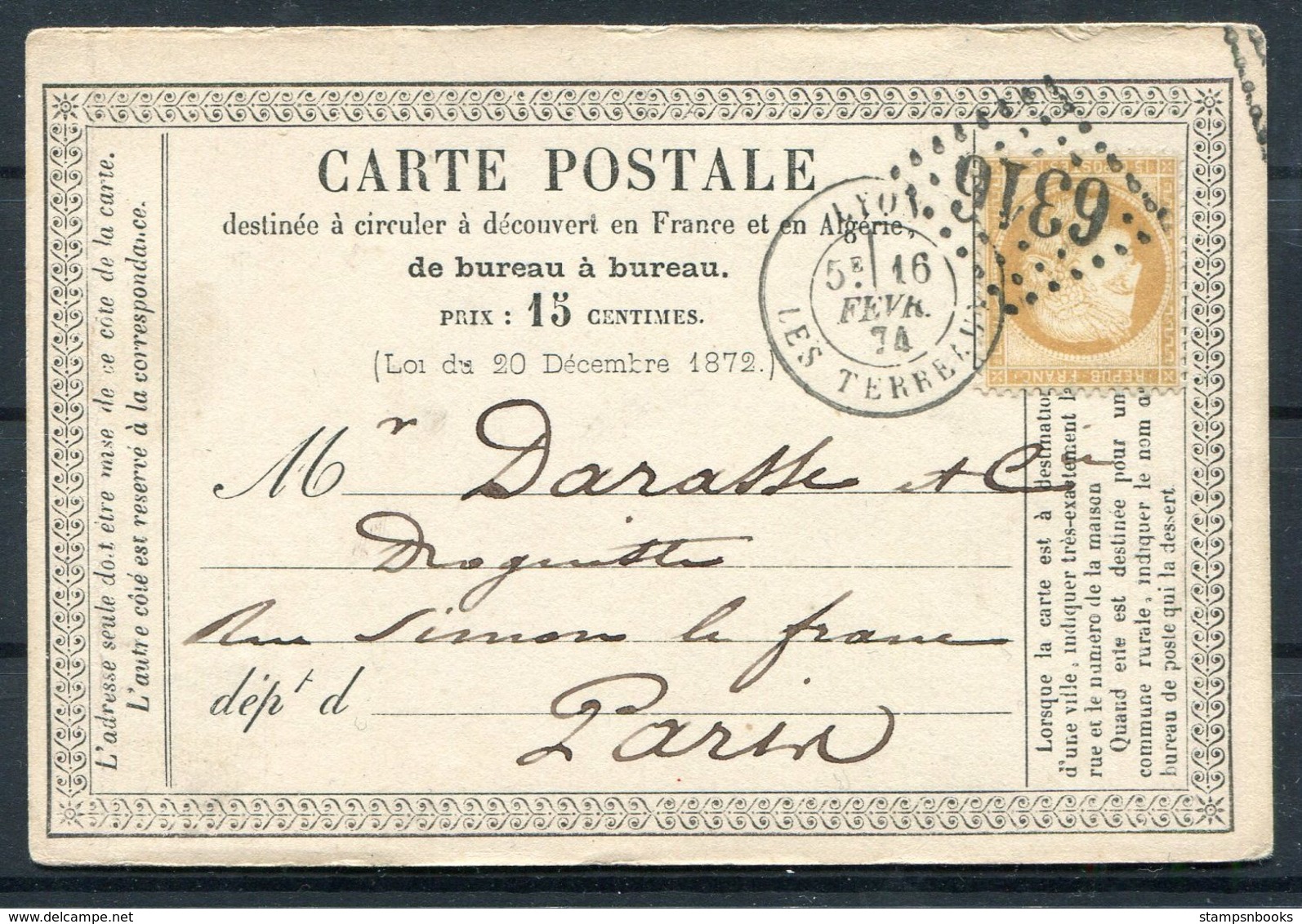 1874 France Carte Postale Lyon 6316 - Paris - 1849-1876: Classic Period