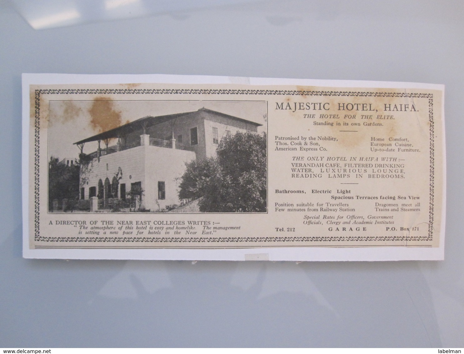 ISRAEL HOTEL MOTEL GUEST REST HOUSE MAJESTIC 1922 CARMEL HAIFA PHOTO ADVERTISING LOGO DESIGN OLD NEWSPAPER - Manuscripts