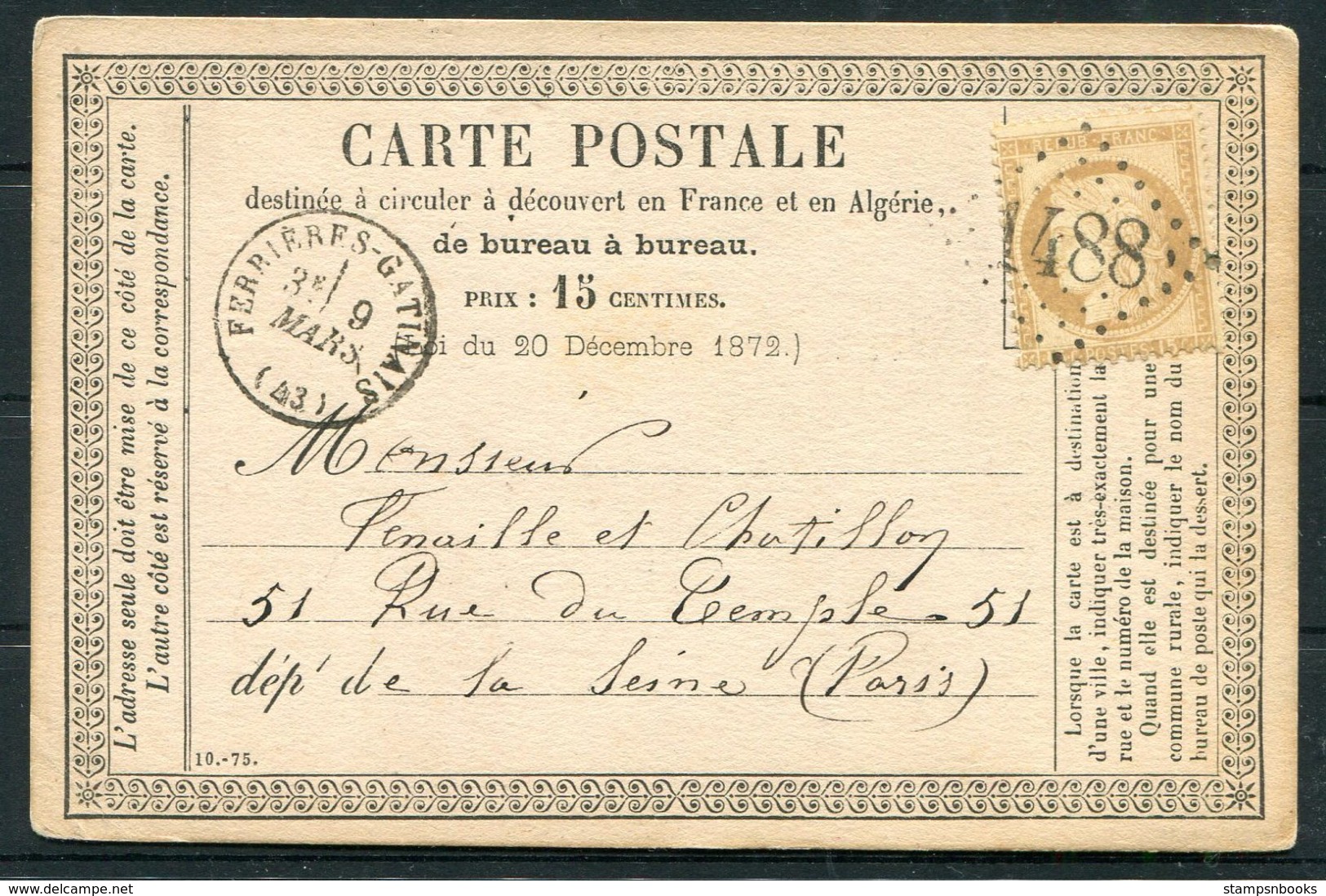 1876 France Carte Postale Ferrières-en-Gâtinais 1488 - Paris - 1849-1876: Classic Period
