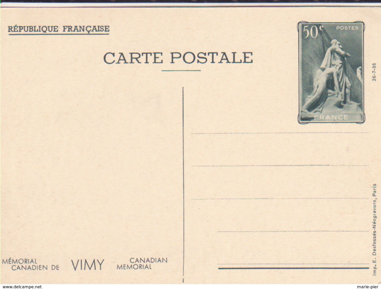 Entiers Postaux- Mémorial De Vimy- 1936 - Cartes-lettres