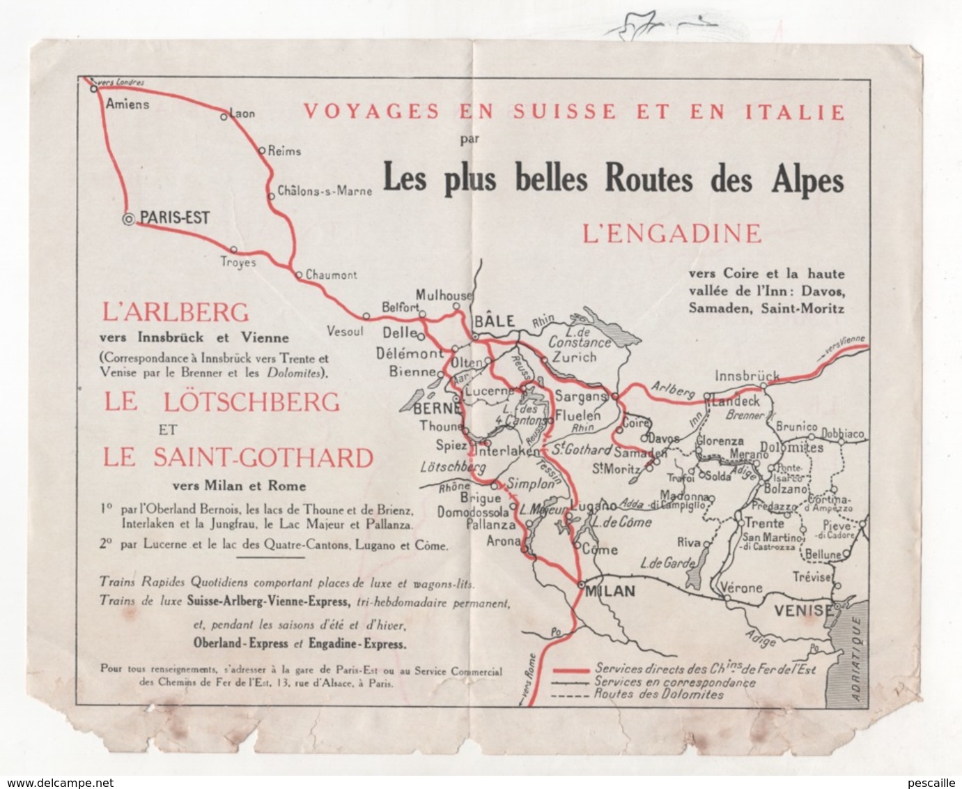 DEPLIANT CHEMINS DE FER DE L'EST VOYAGES EN SUISSE ET EN ITALIE - L'ARLBERG ET LES DOLOMITES - L'ENGADINE - 1927 - Dépliants Turistici