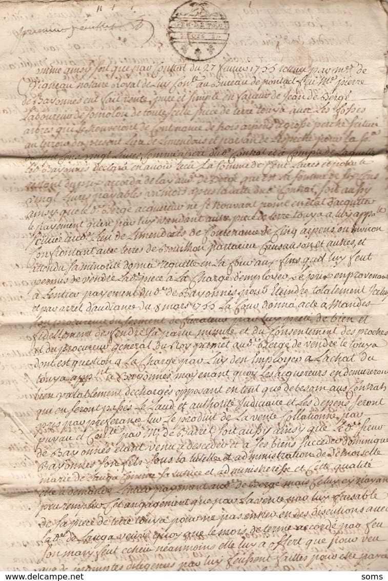 Vieux Papier Du Béarn, 1755, Bergé/Vergé De Soumoulou Vend Le Touya De Lespèche à Bouilhou De Limendous - Documents Historiques