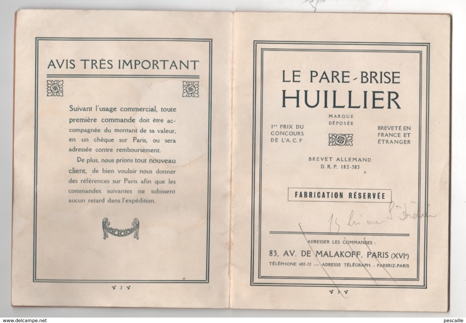 RARE - 1909 - ACCESSOIRES POUR AUTOMOBILE - DEPLIANT PUBLICITAIRE LES PARE-BRISE HUILLIER - - Publicidad