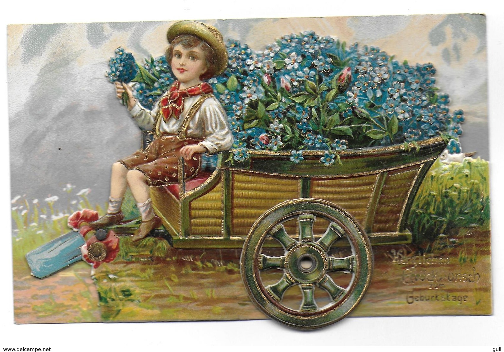 Carte à Système Gauffrée Herzlichen Glückwunsch Zum Geburtstag (Bon Anniversaire)(fleurs Myosotis Oiseau Enfant) - A Systèmes