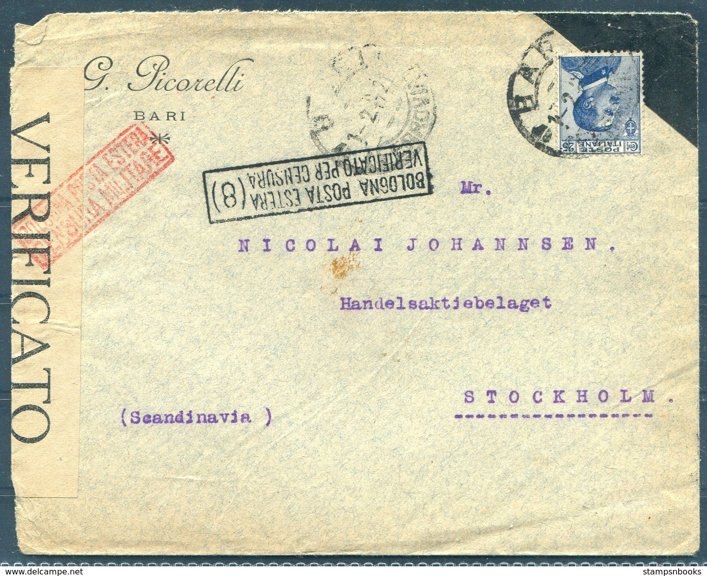 1917 Italy Picorelli Bari Censor Cover - Stockholm Sweden. Bologna Censura - Marcophilia