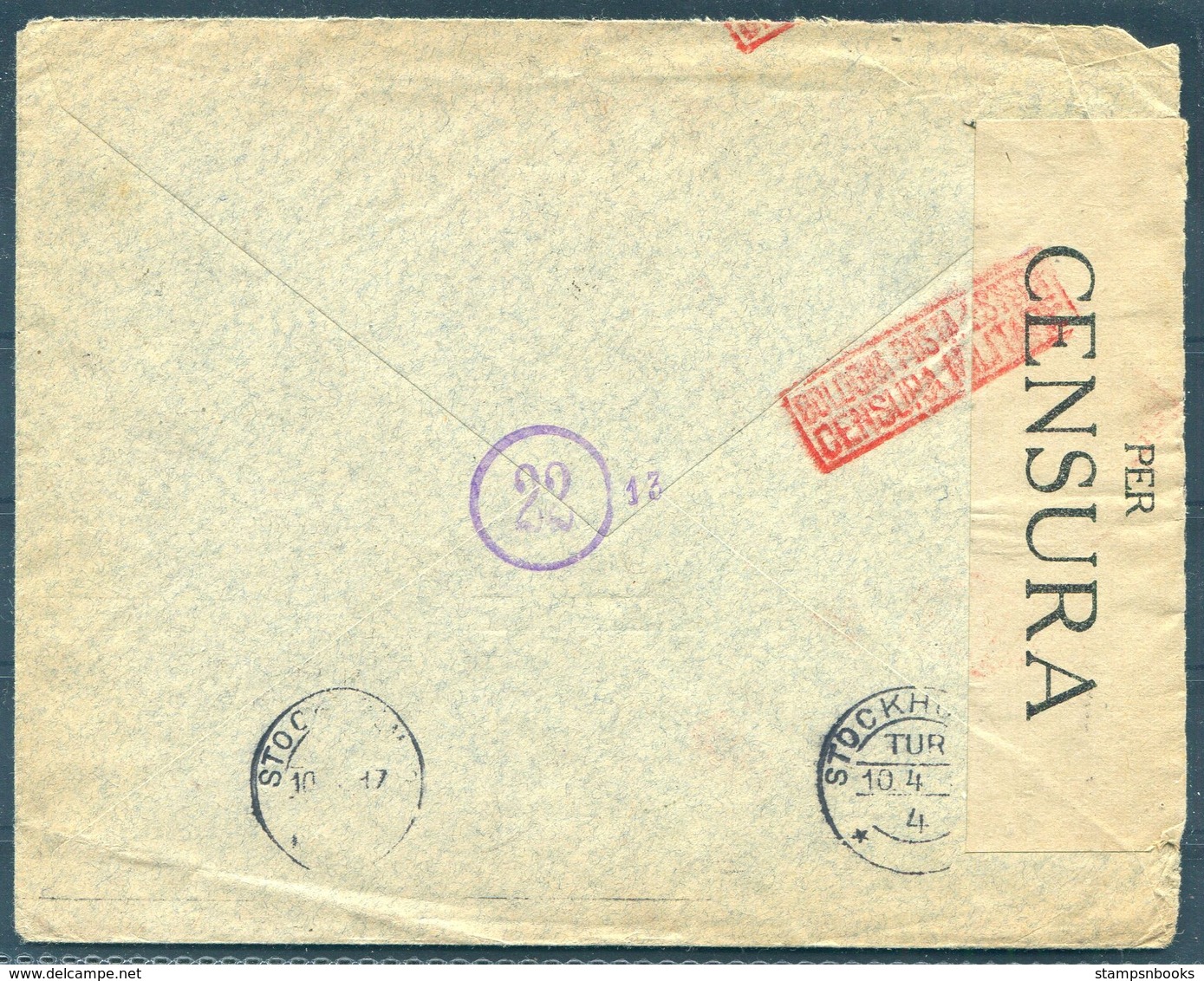 1917 Italy Picorelli Bari Censor Cover - Stockholm Sweden. Bologna Censura - Storia Postale