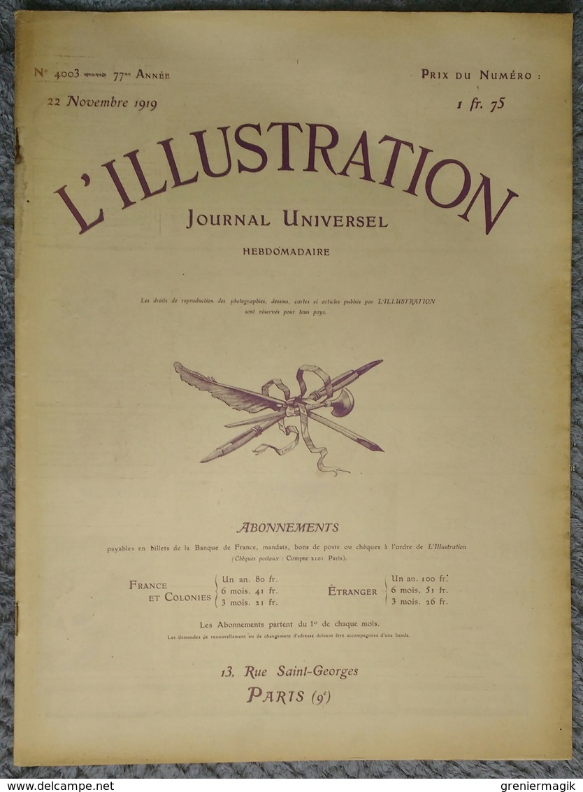 L'Illustration 4003 22 Novembre 1919 Julia Bartet/Université De Strasbourg/Chemin De Fer De Bagdad/Ypres/Raid Aviation - L'Illustration