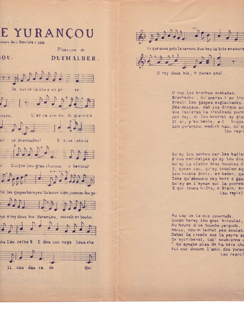 CAF CONC FOLKLORE PATOIS BÉARN POPULAIRE PARTITION AU BI DE YURANÇOU CHARLES BERTROU DUTHALBER PRIX PATRIOTE 1930 PAU - Autres & Non Classés