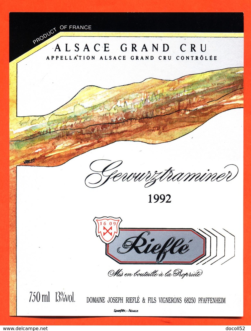 étiquette De Vin D'alsace Gewurztraminer 1992 Riéflé à Pfaffenheim - 75 Cl - Gewurztraminer