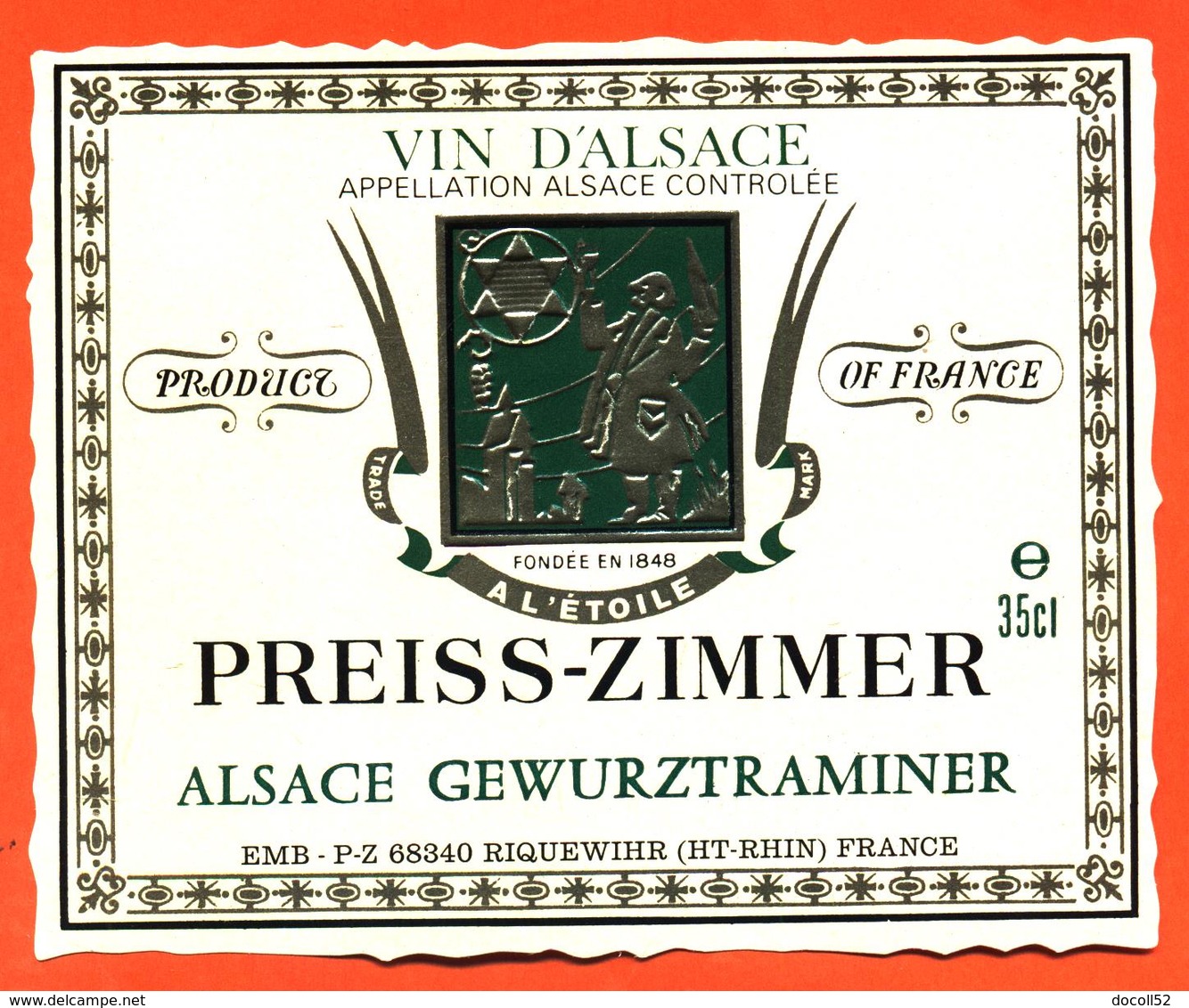 étiquette De Vin D'alsace Gewurztraminer Preiss Zimmer à Riquewihr - 35 Cl - Gewürztraminer