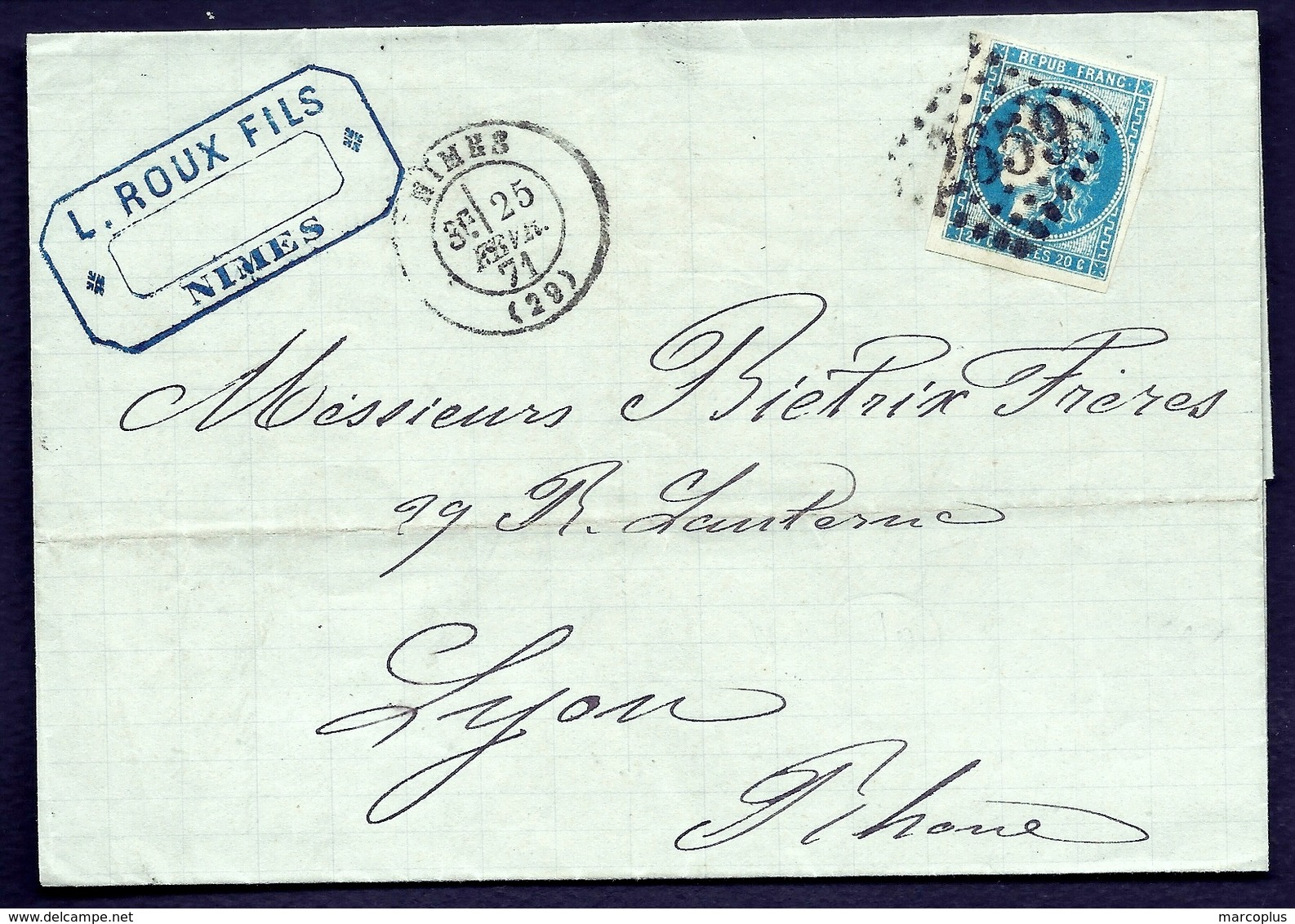 LET2- LETTRE DE NIMES POUR LYON- EMISSION DE BORDEAUX N°45 R.II + CAD DE NIMES. T.17 DE 1871- 4 SCANS - 1849-1876: Classic Period