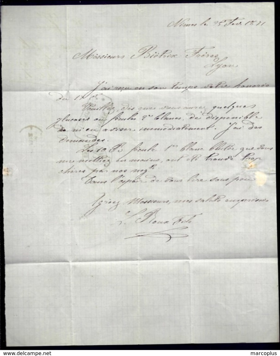 LET2- LETTRE DE NIMES POUR LYON- EMISSION DE BORDEAUX N°45 R.II + CAD DE NIMES. T.17 DE 1871- 4 SCANS - 1849-1876: Classic Period