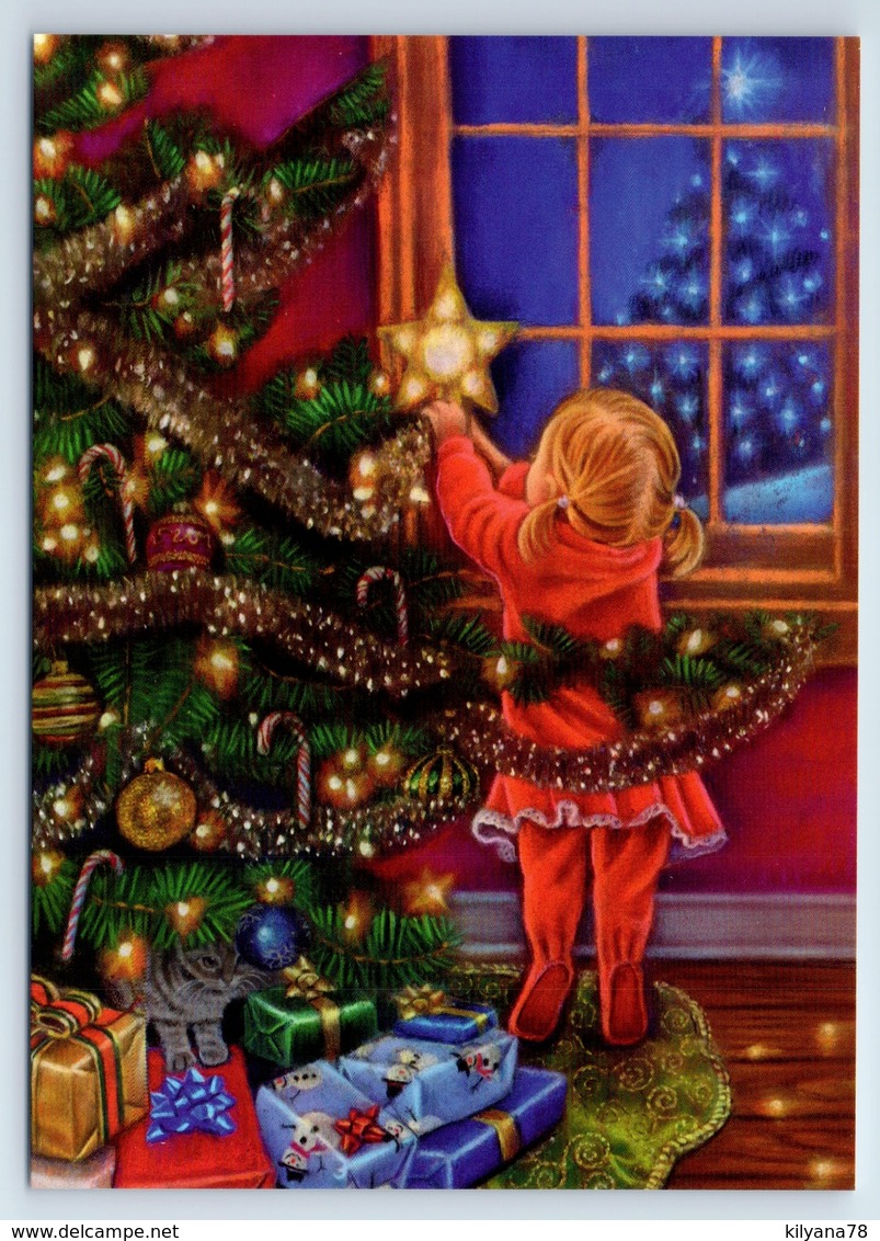 LITTLE GIRL Decorate CHRISTMAS TREE Gifts New Unposted Postcard - Andere & Zonder Classificatie