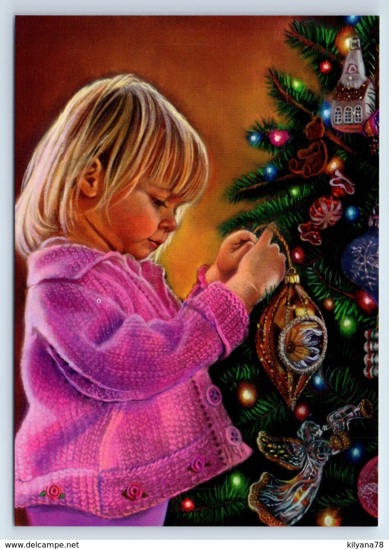 LITTLE GIRL Decorate CHRISTMAS TREE Gifts New Unposted Postcard - Andere & Zonder Classificatie