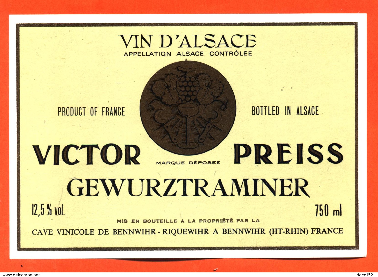 étiquette De Vin D'alsace Gewurztraminer Victor Preiss à Riquewihr Bennwihr - 75 Cl - Gewurztraminer