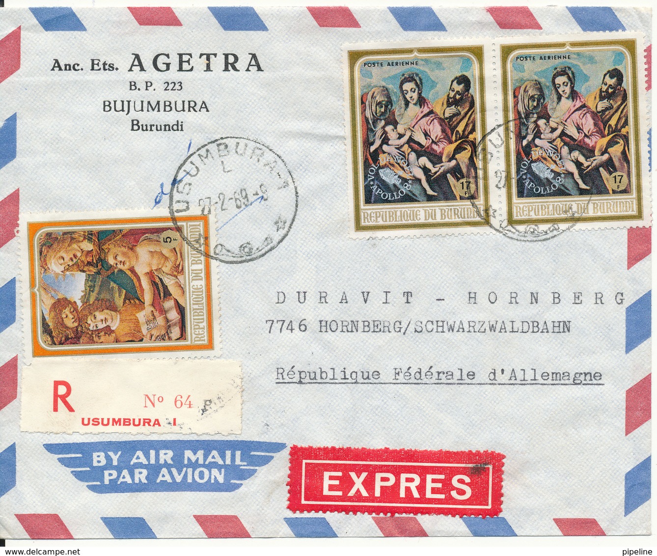 Burundi Registered Express Air Mail Cover Sent To Germany 27-2-1969 With Bahnpost Cancel On Backside Of The Cover - Used Stamps