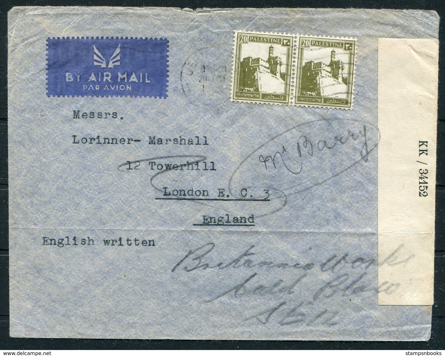 WW2 Palestine CENSOR Airmail Cover Jerusalem - London GB - Palestine