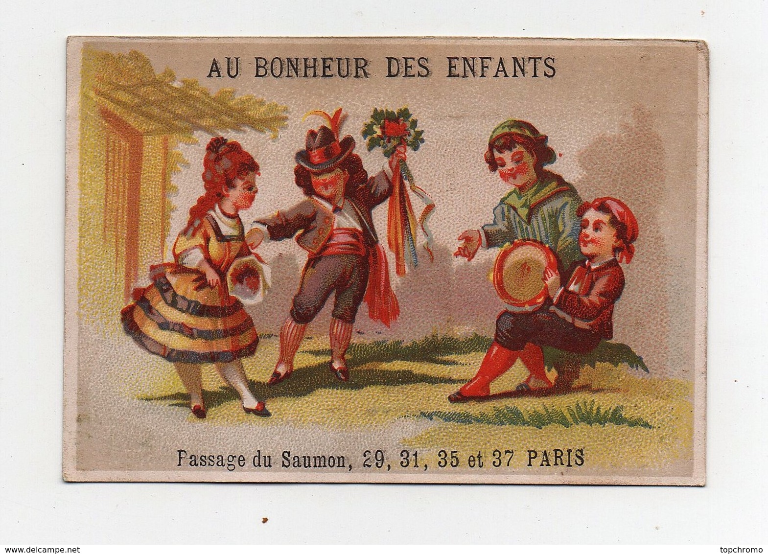 CHROMO Au Bonheur Des Enfants Chaufour Paris Jeux Jouets Enfants Couple Danse Fleurs Musique Tambourin - Autres & Non Classés