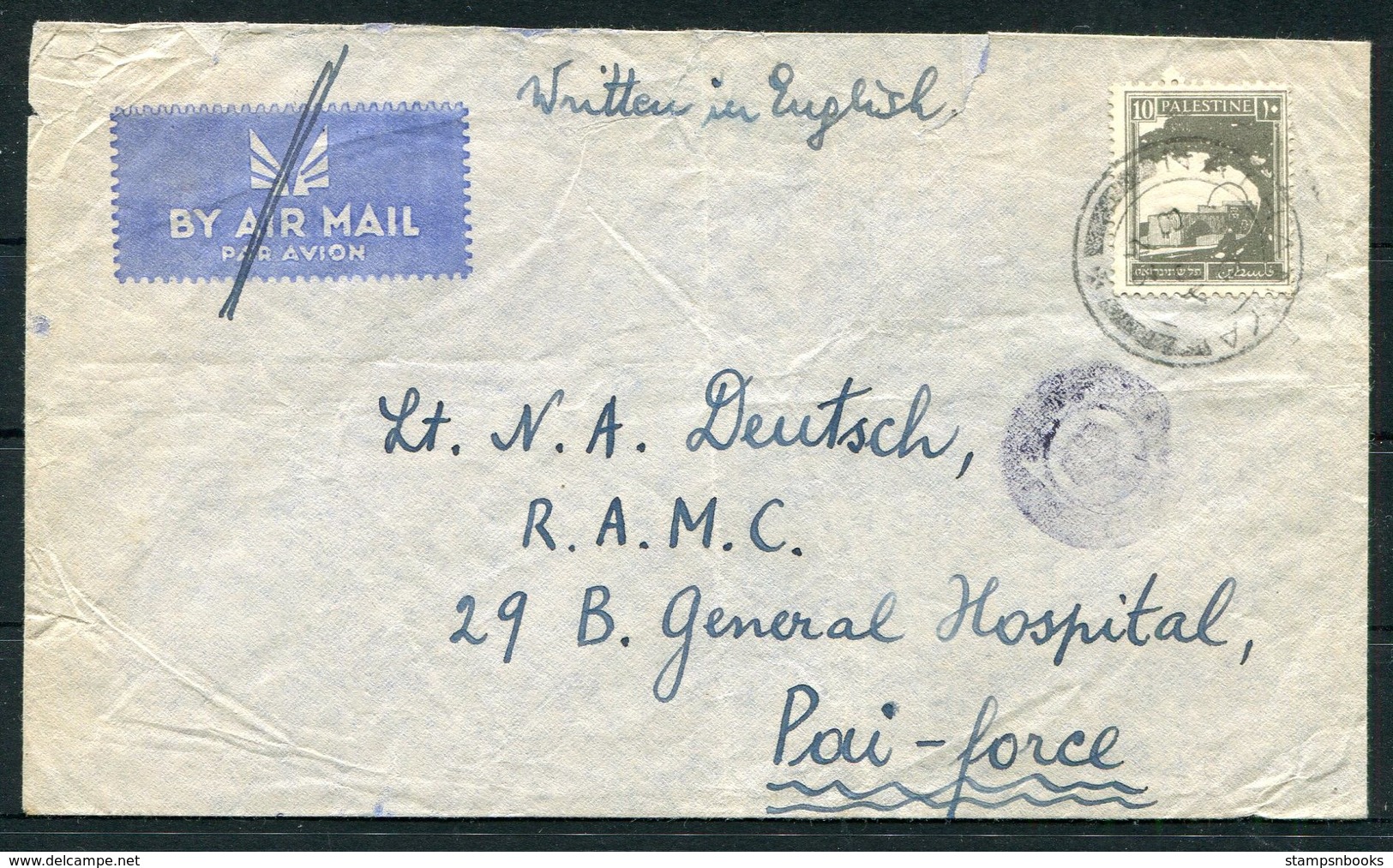 1943 Palestine CENSOR Field Post Office 148 FPO Cover Nathanya - Lt Deutsche R.A.M.C. 29B General Hospital - Palestine