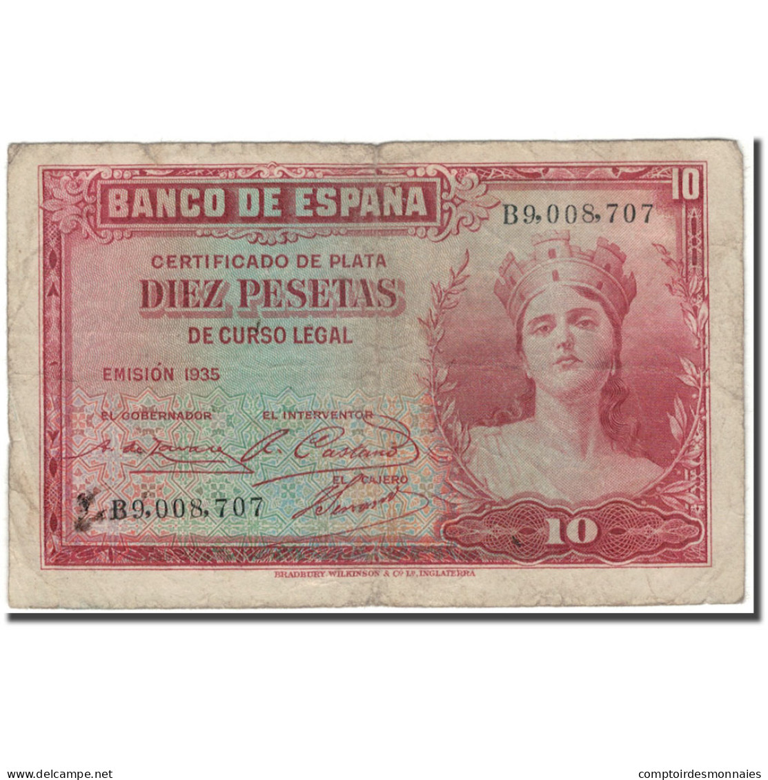 Billet, Espagne, 10 Pesetas, 1935, KM:86a, B+ - 10 Pesetas