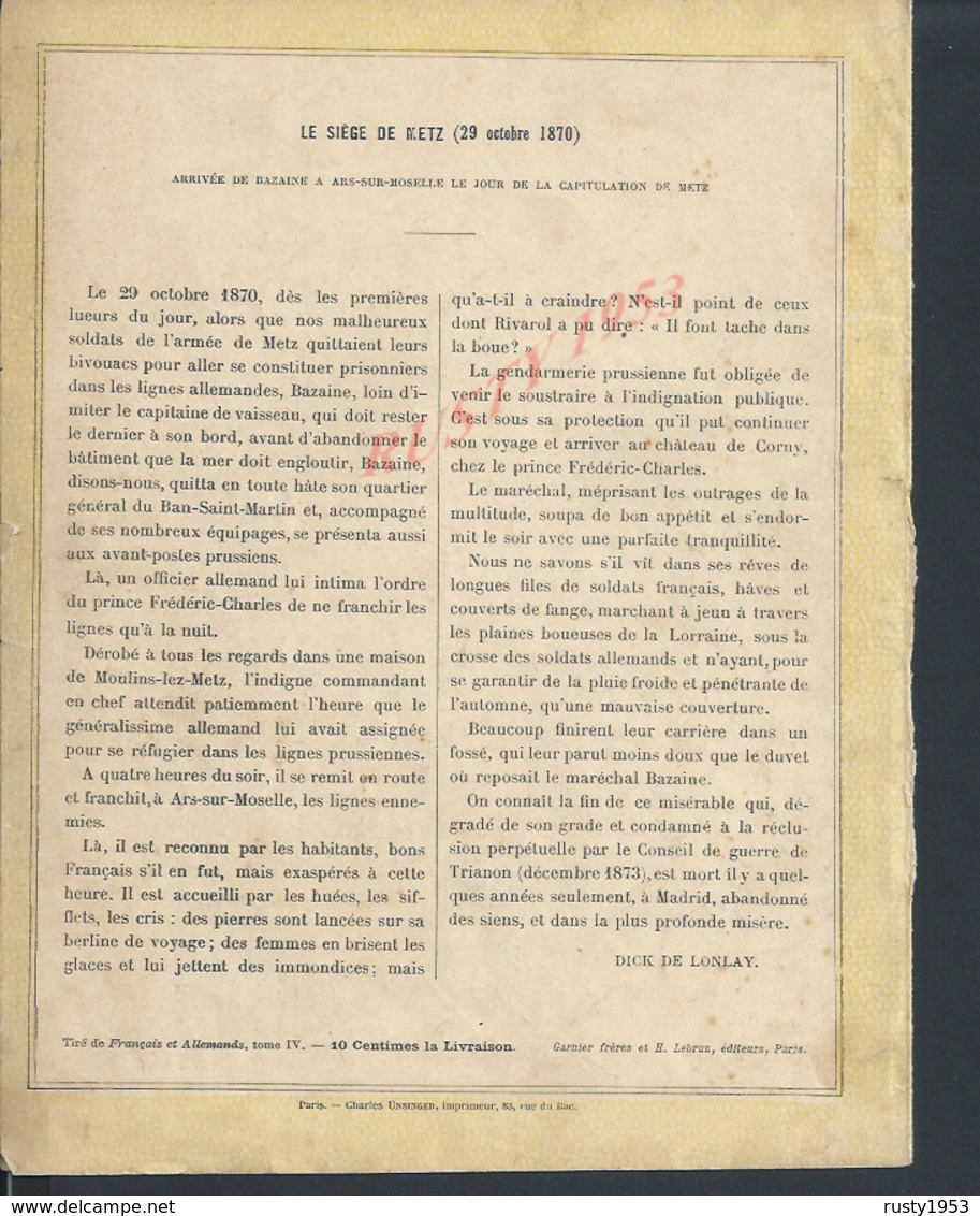 MILITARIA PROTÉGE CAHIER ILLUSTRÉE SUR LA GUERRE 1870 LE SIÈGE DE METZ VEND EN ETAT : - Protège-cahiers