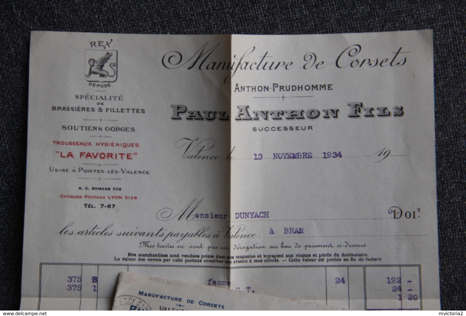 Enveloppe Publicitaire Avec Facture - VALENCE, Paul ANTHON, Manufacture De Corsets. - 1900 – 1949