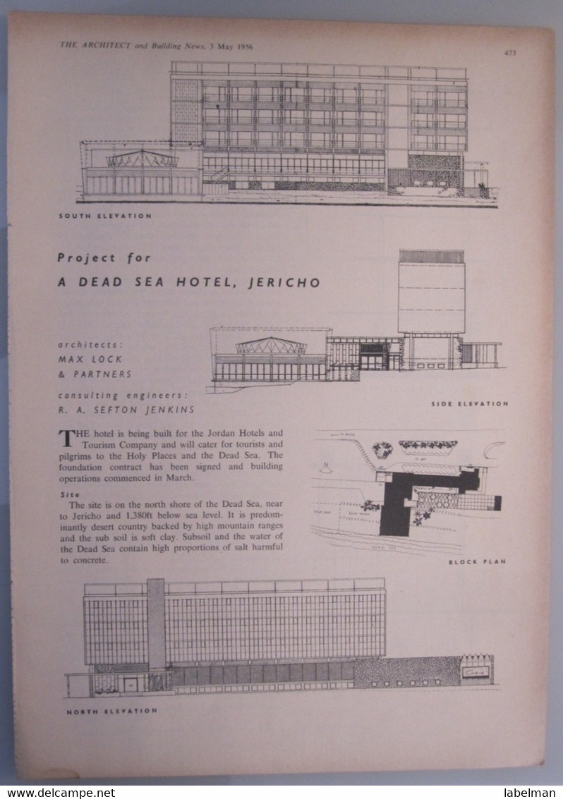 DEAD SEA HOTEL PROJECT PALESTINE ISRAEL DEVELOPMENT HOLIDAY VILLAGE TOURISM ARCHITECT MAX LOCK BUILDING NEWS 1956 - Israel