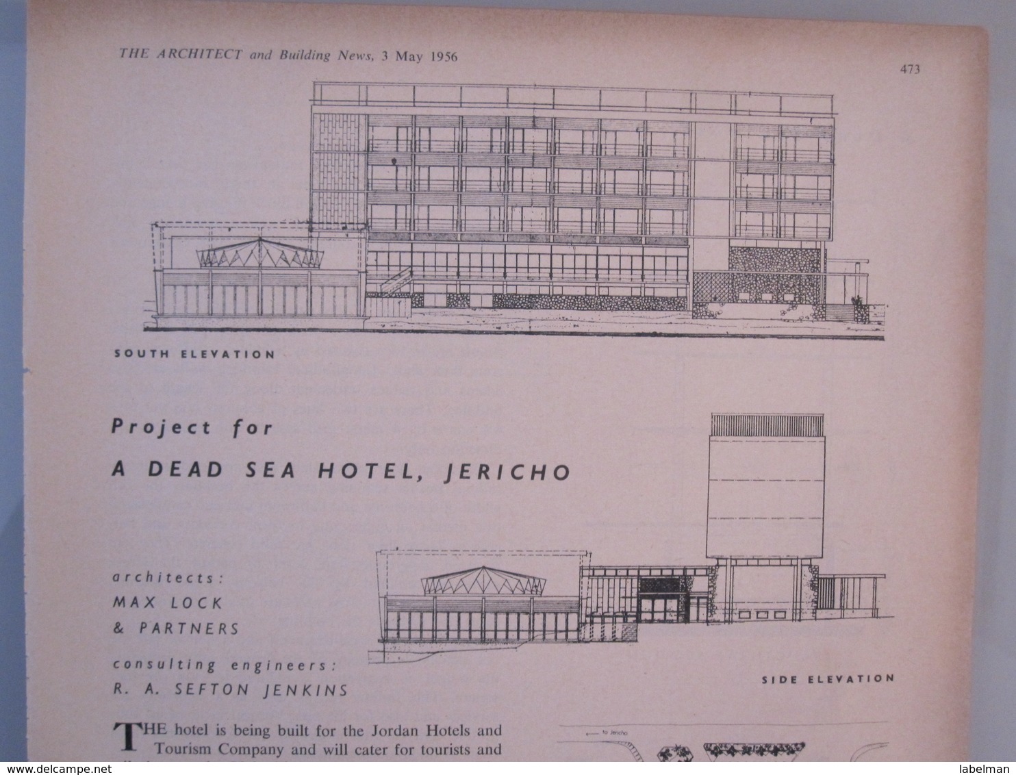 DEAD SEA HOTEL PROJECT PALESTINE ISRAEL DEVELOPMENT HOLIDAY VILLAGE TOURISM ARCHITECT MAX LOCK BUILDING NEWS 1956 - Israel