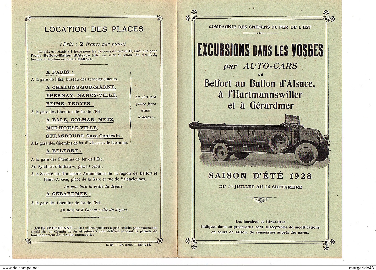 ETE 1928 ENCART PUBLICITAIRE EXCURSIONS DANS LES VOSGES EN AUTOCAR - Publicités