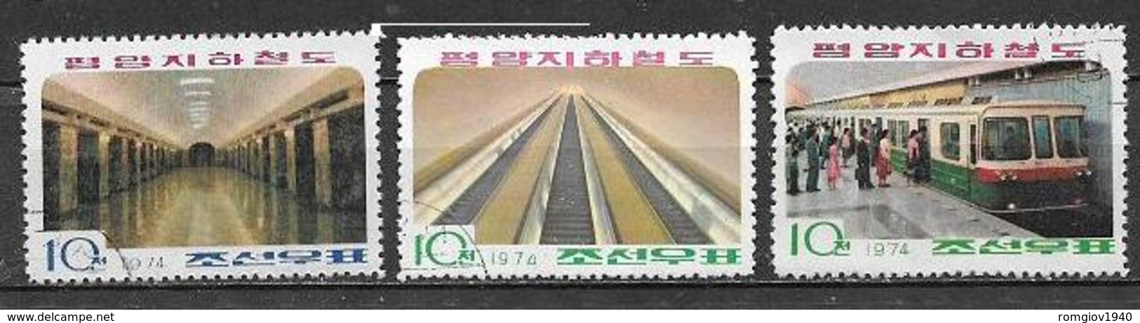 COREA DEL NORD 1974 STAZIONE DELLA METRO' YVERT. 1207-1209 USATA VF - Corea Del Nord