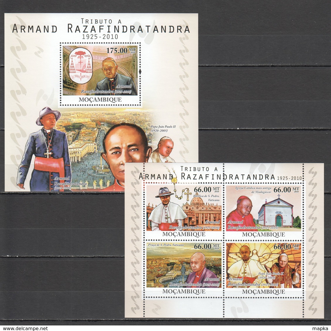 L103 2010 MOZAMBIQUE MOCAMBIQUE RELIGION ARMAND RAZAFINDRATANDRA POPE JOHN PAUL II 1SH+1BL MNH - Cristianesimo