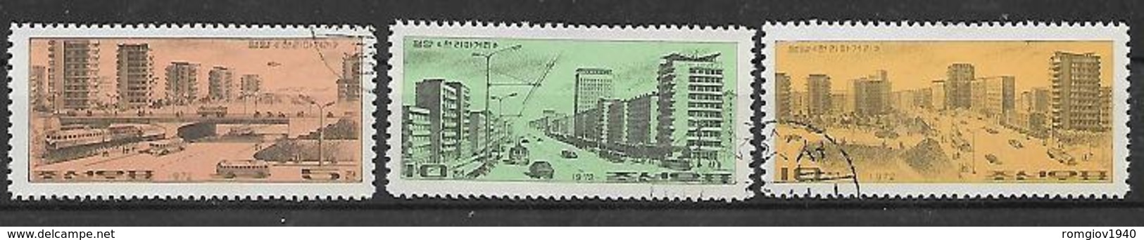 COREA DEL NORD 1976 COSTRUZIONE DELLA STRADA CHOLLIMA YVERT. 1405-1407 USATA VF - Corea Del Nord