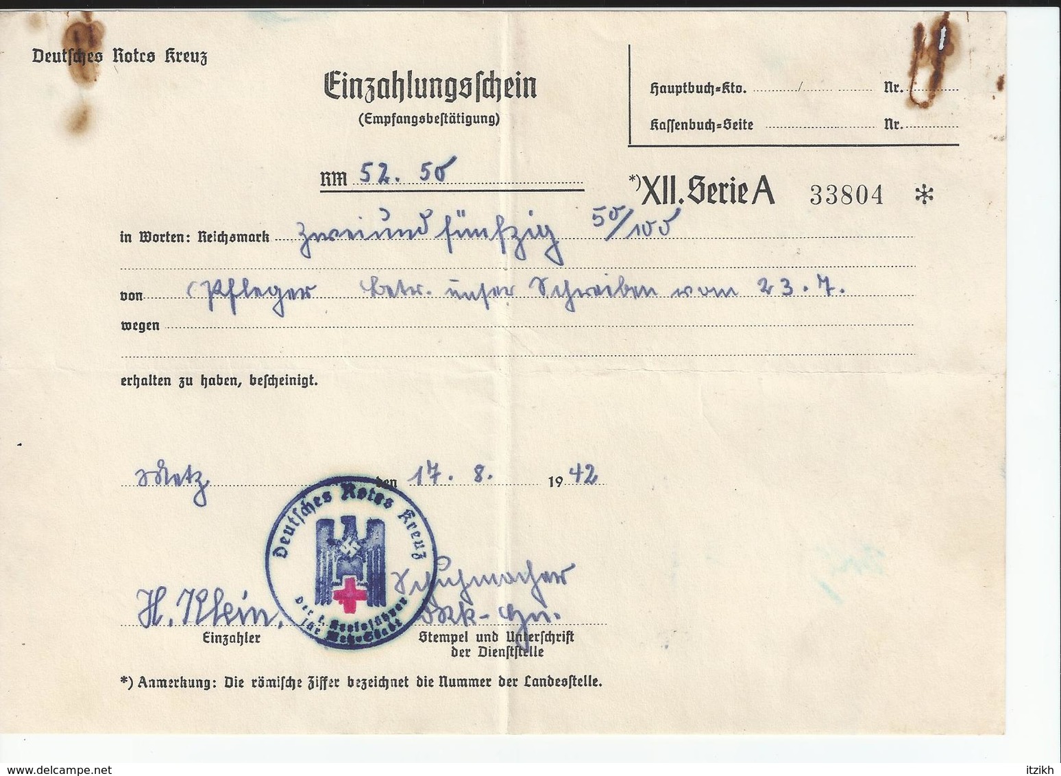 Deutsches Rotes Kreuz Einzahlungsschein 1942 Croix Rouge Allemande Bullettin De Versement Occupation Allemande Moselle - 1900 – 1949