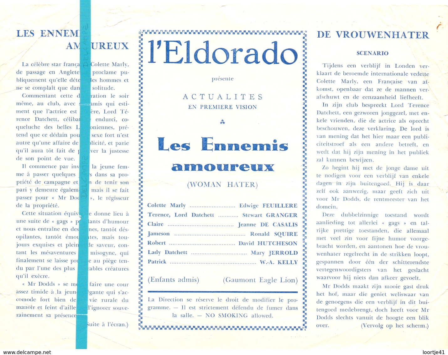 Ciné  Bioscoop Programma Cinema Eldorado Bruxelles - Les Ennemis Amoureux - Edwige Feuillere - Publicité Cinématographique