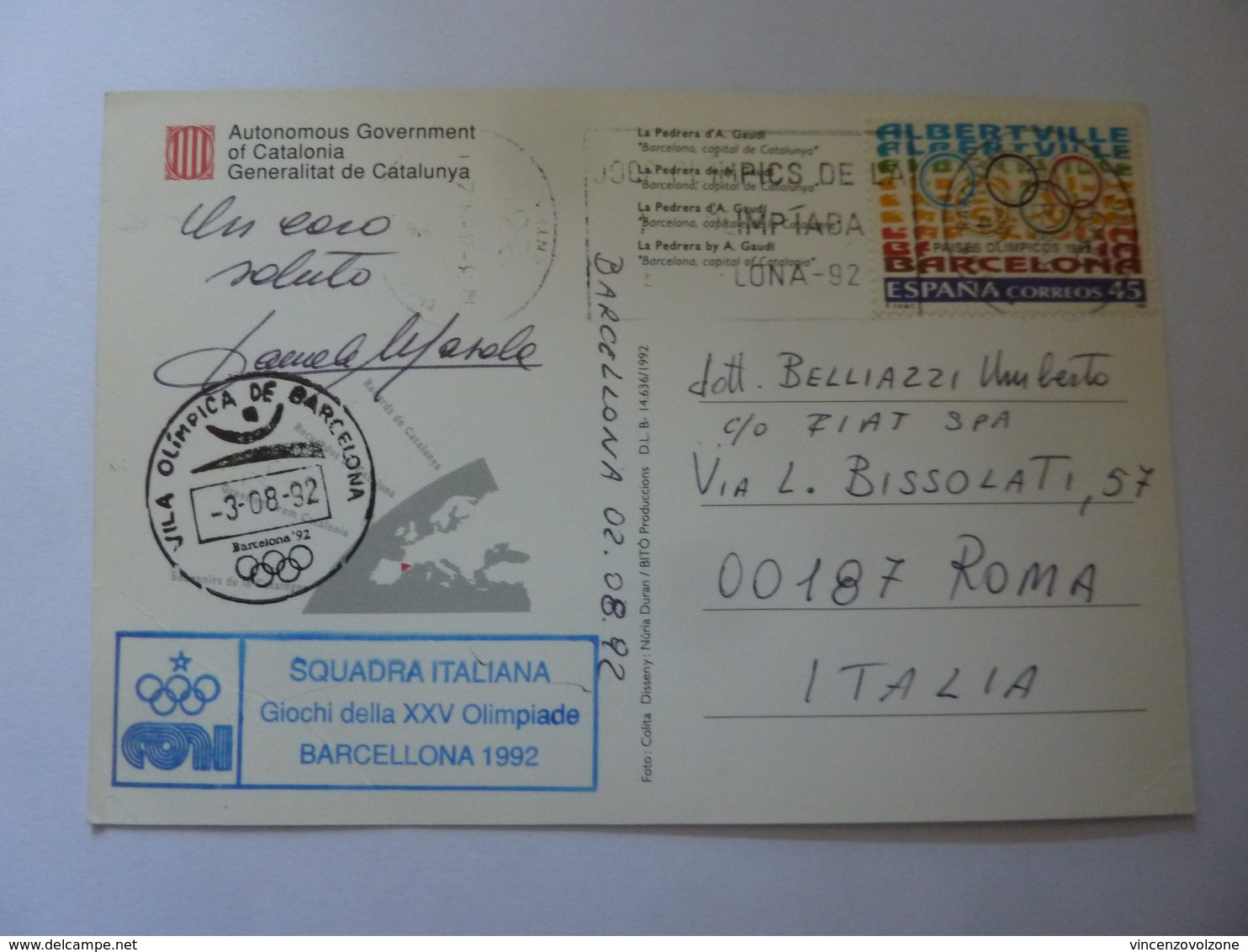 Cartolina Viaggiata  "BARCELONA '92" Timbro Squadra  Italiana E Firma Atleta - Giochi Olimpici