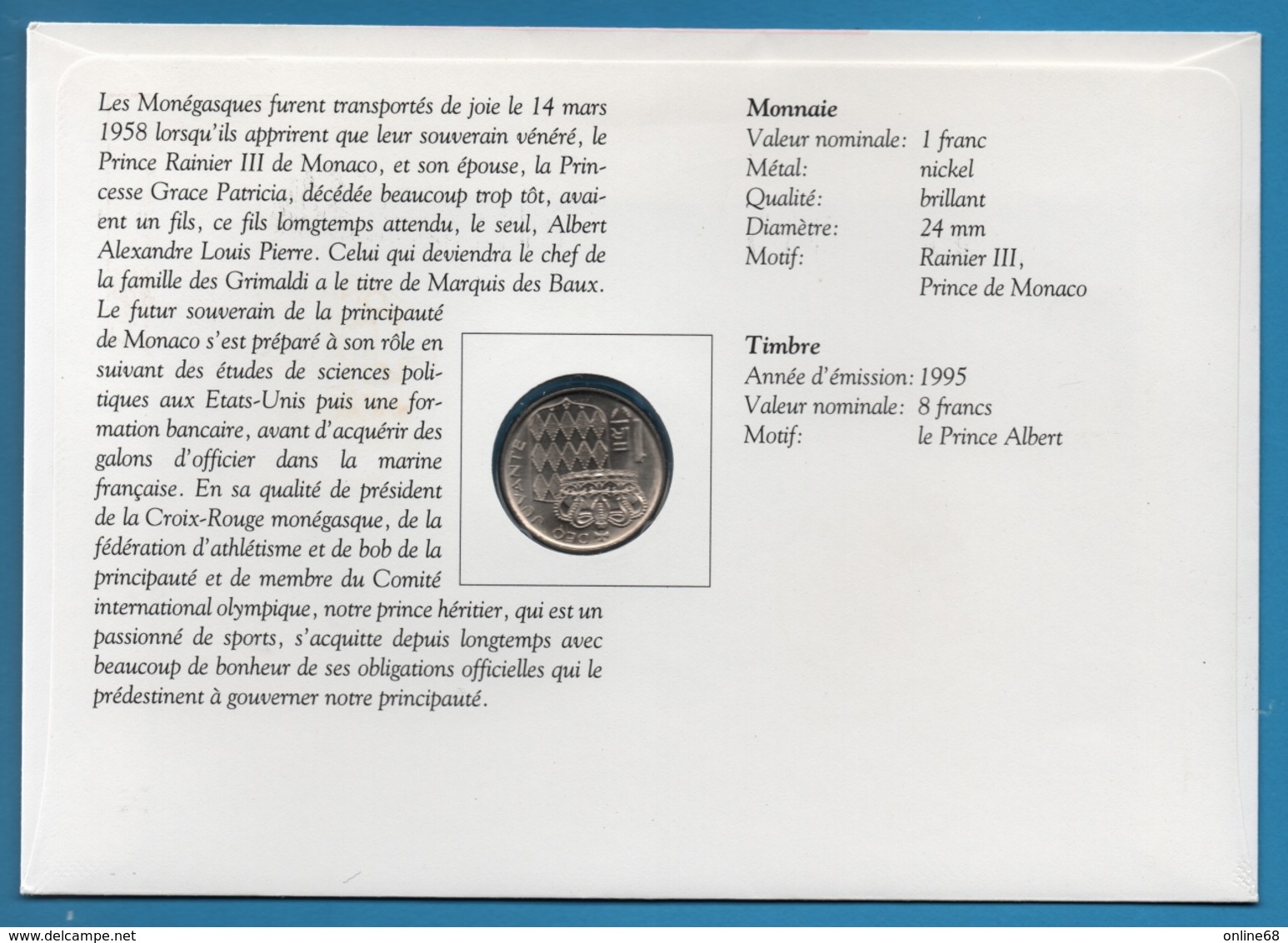 NUMISBRIEF MONACO 1 FRANC 1982 ALBERT NUMIS COVER - 1960-2001 Nouveaux Francs