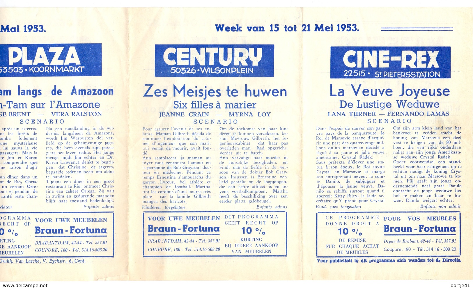 Ciné  Bioscoop Programma Cinema Majestic - Rex - Century - Savoy - Select - Gent - 15 Mei 1953 - Publicité Cinématographique