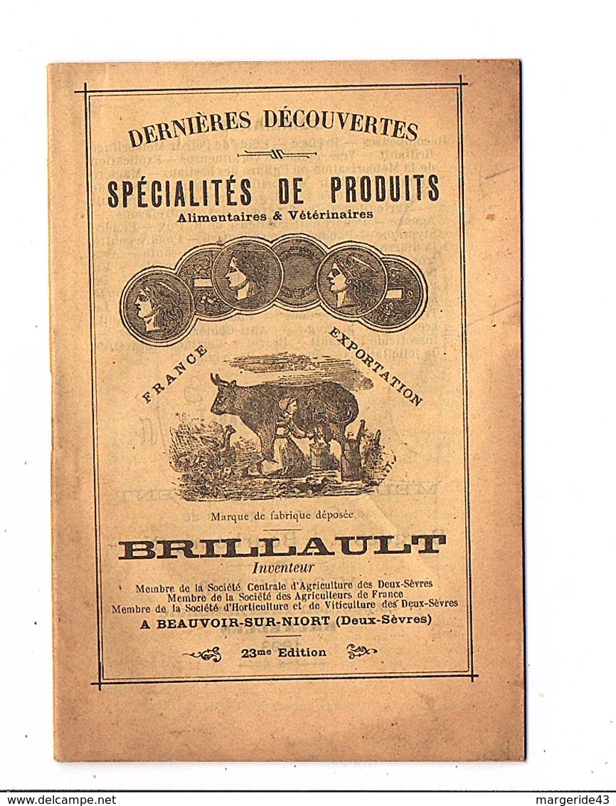 1928 TARIFS ET CONSEILS DE BRILLAULT INVENTEUR - PRODUITS ALIMENTAIRES ET VETERINAIRES à BEAUVOIR SUR NIORT (DEUX SEVRES - Publicités