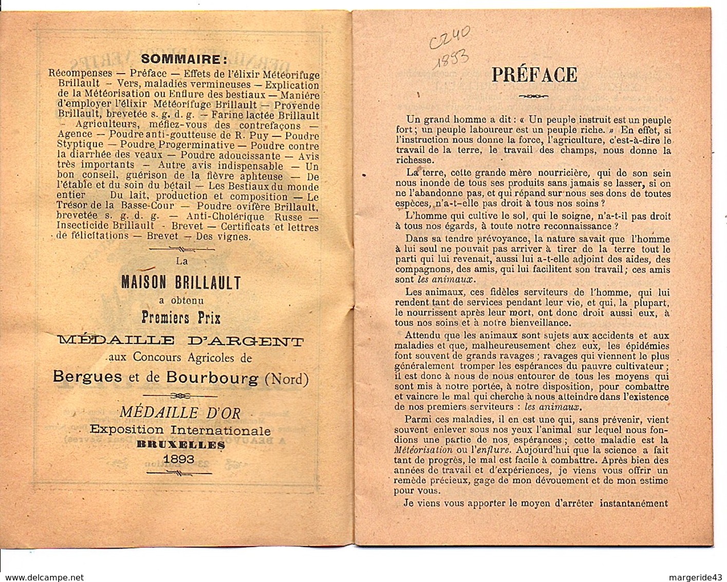 1928 TARIFS ET CONSEILS DE BRILLAULT INVENTEUR - PRODUITS ALIMENTAIRES ET VETERINAIRES à BEAUVOIR SUR NIORT (DEUX SEVRES - Publicités