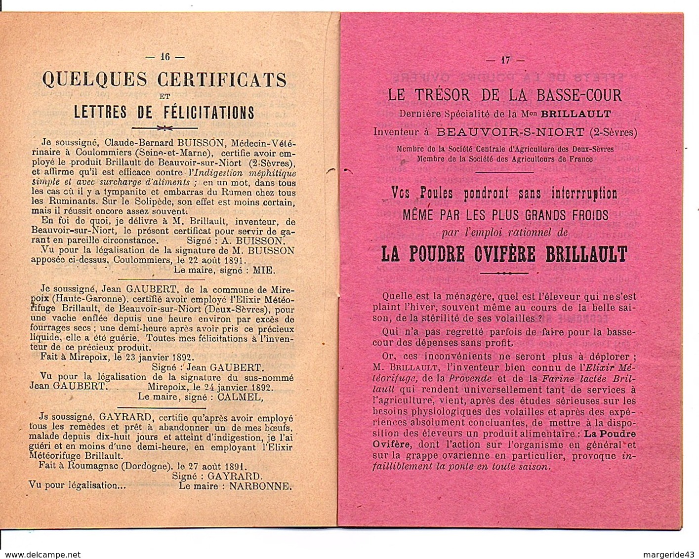 1928 TARIFS ET CONSEILS DE BRILLAULT INVENTEUR - PRODUITS ALIMENTAIRES ET VETERINAIRES à BEAUVOIR SUR NIORT (DEUX SEVRES - Publicités